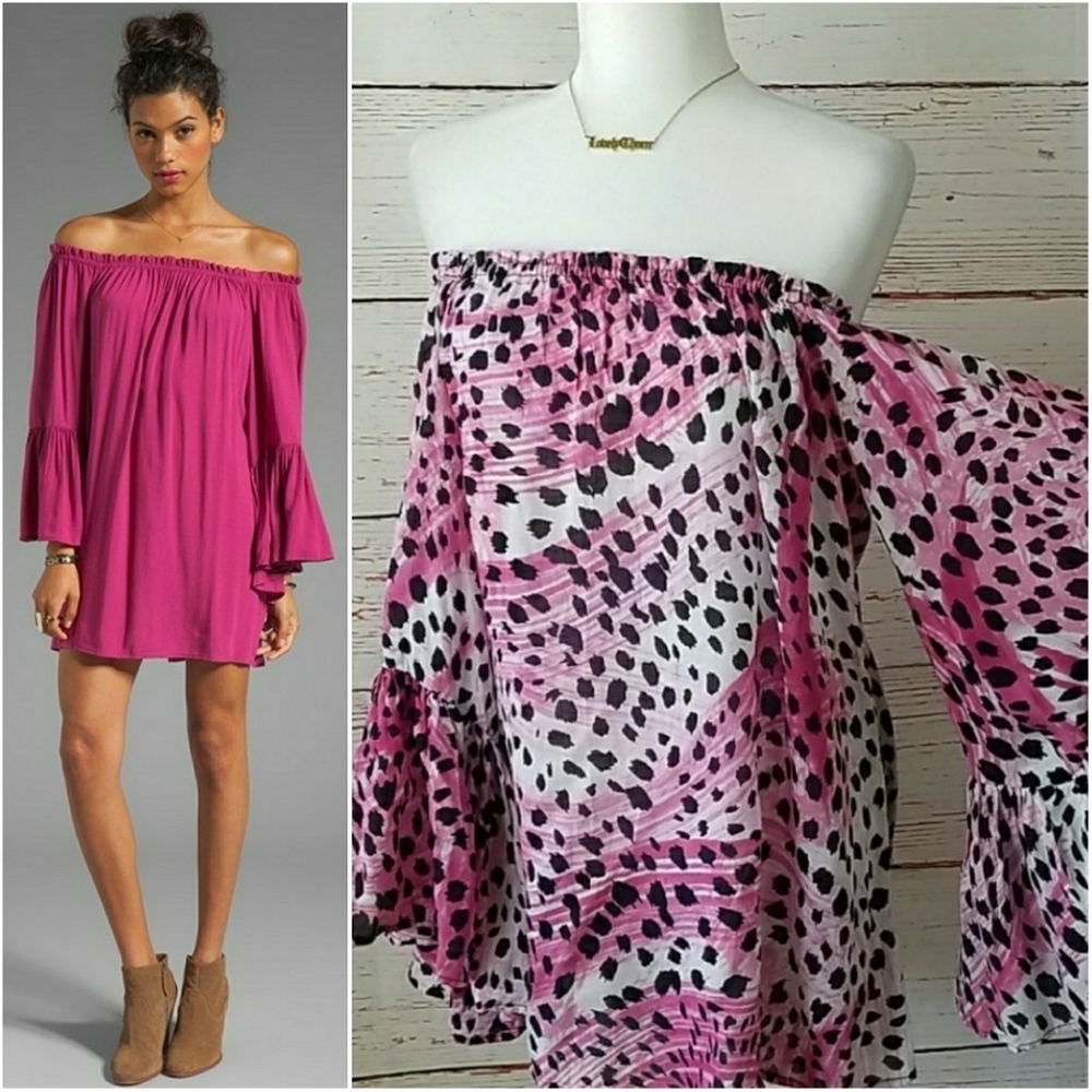 INDAH // pink leopard off shoulder mini dress rare print/style combo